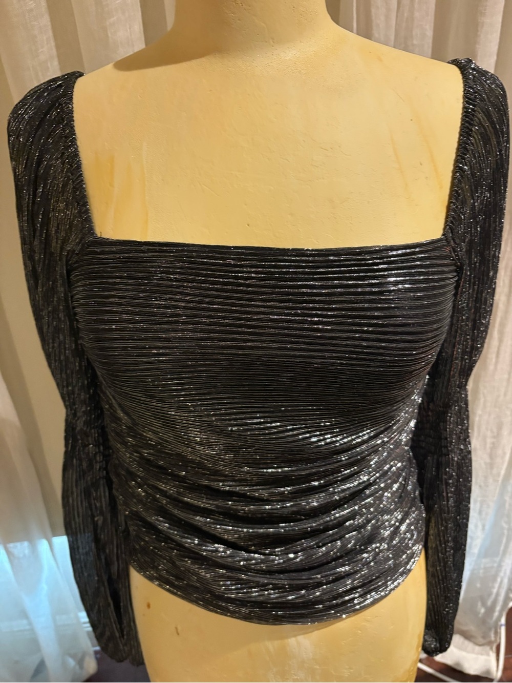 Line & Dot Black Shimmery Square-Neck Long Sleeve Top